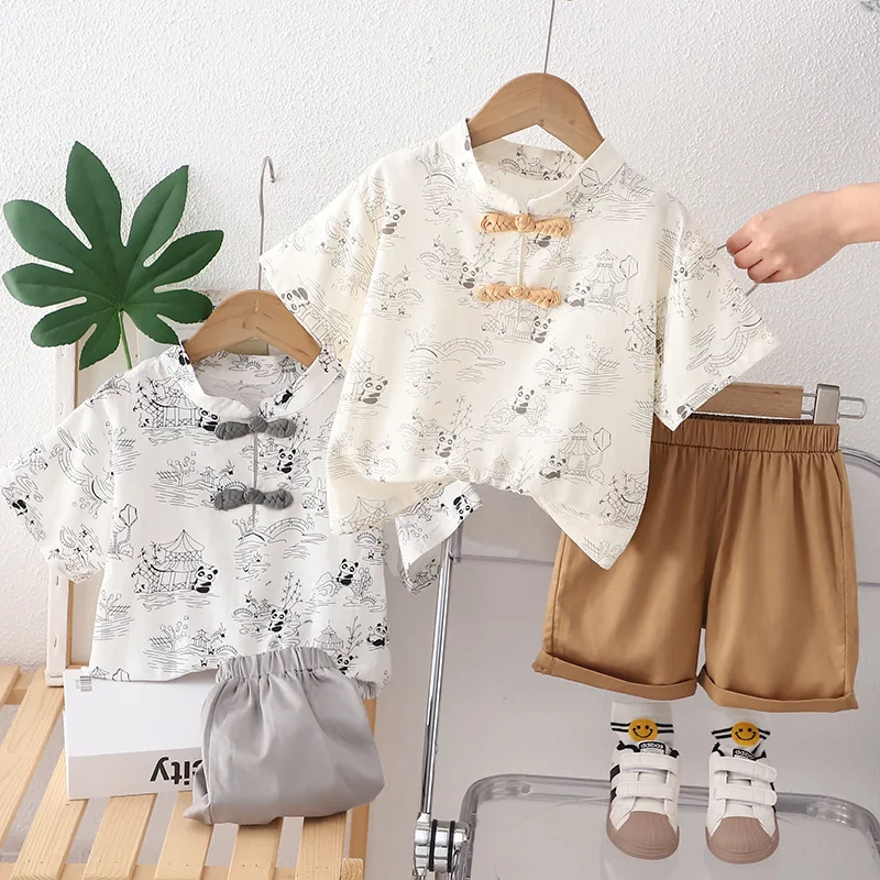 Summer new children fashion panda garden plate buckle short sleeve suit boy foreign style Chinese style short sleeve suit