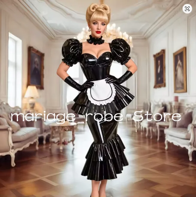 

Костюм для косплея: Черное блестящее вечернее платье из ПВХ с пышными рукавами для вечеринок, балов и маскарадов, модель 2026 года, индивидуальный пошив