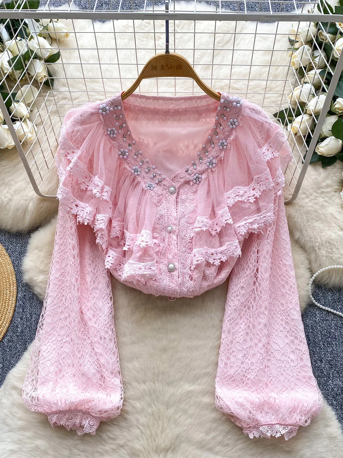 

Sweet Court Sle Heavy Embellied Diamond V-ne Lace Me Ruffle Lantern Sve Женский кружевной топ на одной пуговице irt