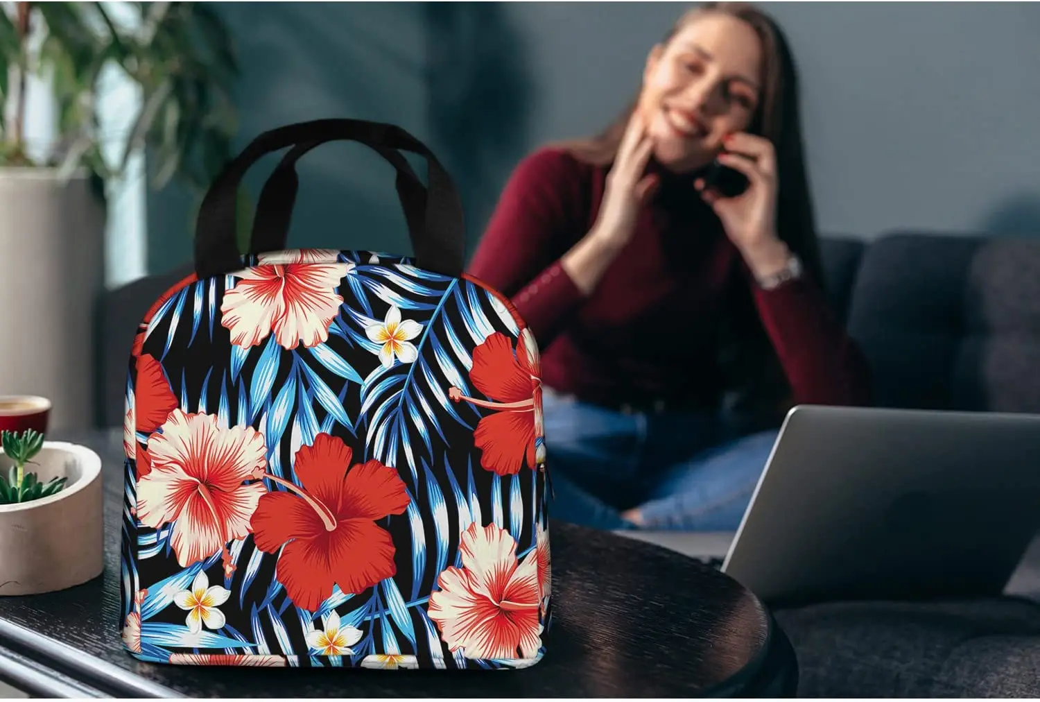 Red Hibiscus Large Insulated Lunch Bag Blue Tropical Leaves Hawaii Floral Lunch Box for Boys Girls Men Women Work Shcool Picnic