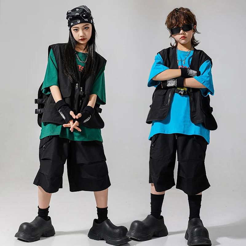 

Ballroom Hip Hop Dance Costumes For Kids New Black Loose Vest Shorts Outfits Girls Boys Jazz Dance Performance Clothes DQS19581