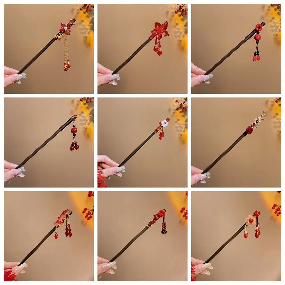 الرجعية زهرة خشبية الشعر عصا شرابة الأحمر Hanfu دبوس الشعر السنة الجديدة شوكة الشعر شيونغسام الملحقات