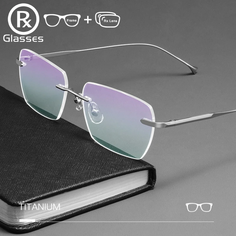 

Titanium Men Rimless Optical Prescription Glasses Ultra-light Blue Light Blocking Myopia Hyperopia Progressive Eyeglasses Women