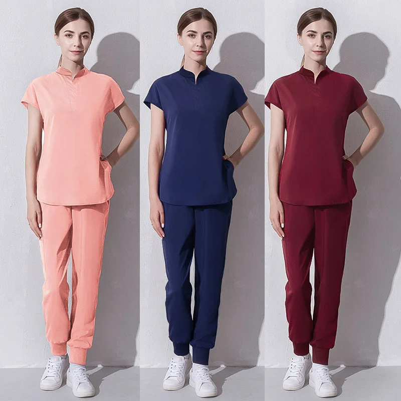 Elestic enfermera Color sólido elegante Scrubs mujeres salón hermoso Spa ropa de trabajo médico uniforme de peluquería