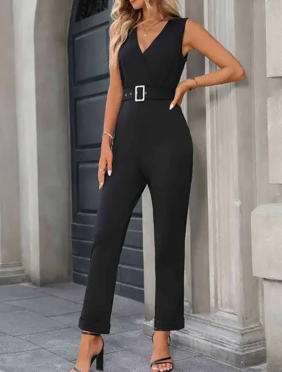 

New Women's Commuting Fashion Knitted Cross Collar Belt One-Piece Pants Female Daily Clothes Temperament Women Fashion Jumpsuits