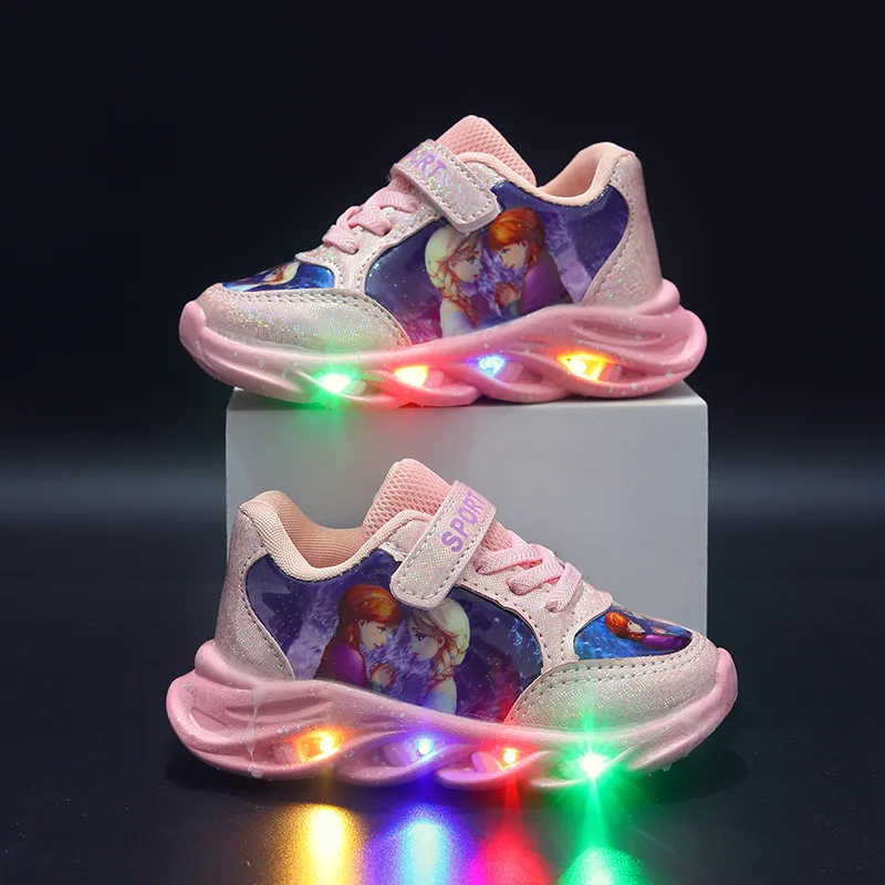 Disney LED Casual Sneakers For Spring Girls Frozen Elsa Princess Print Pu Leather Shoes Children Lighted Non-slip Pink Purple