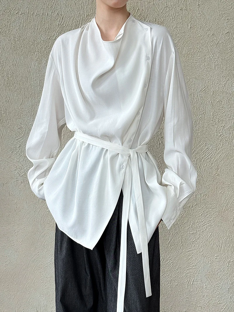 BJTZ 韓国スタイルデザインスイング襟ウエスト締めブラウス女性のための春秋の新エレガントなニッチシャツトップ