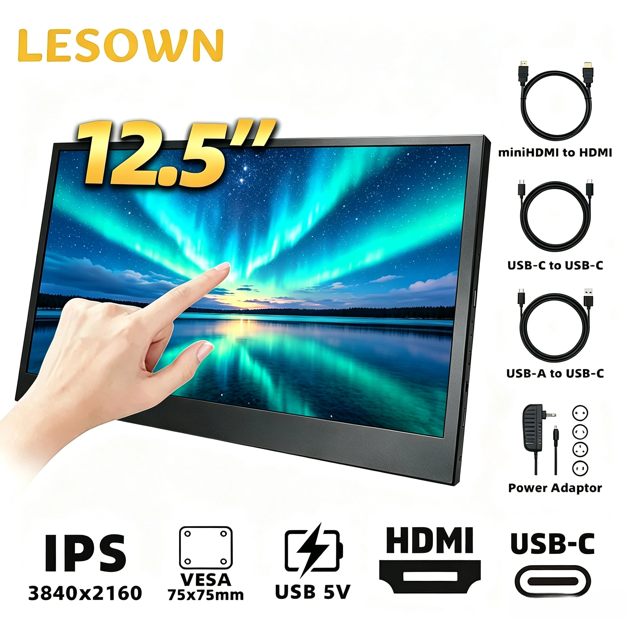 LESOWN 12.5" 2.5K Portable LCD Monitor MiniHDMI Type‑C Built‑in Speaker VESA75 Aluminum Alloy External Secondary Screen