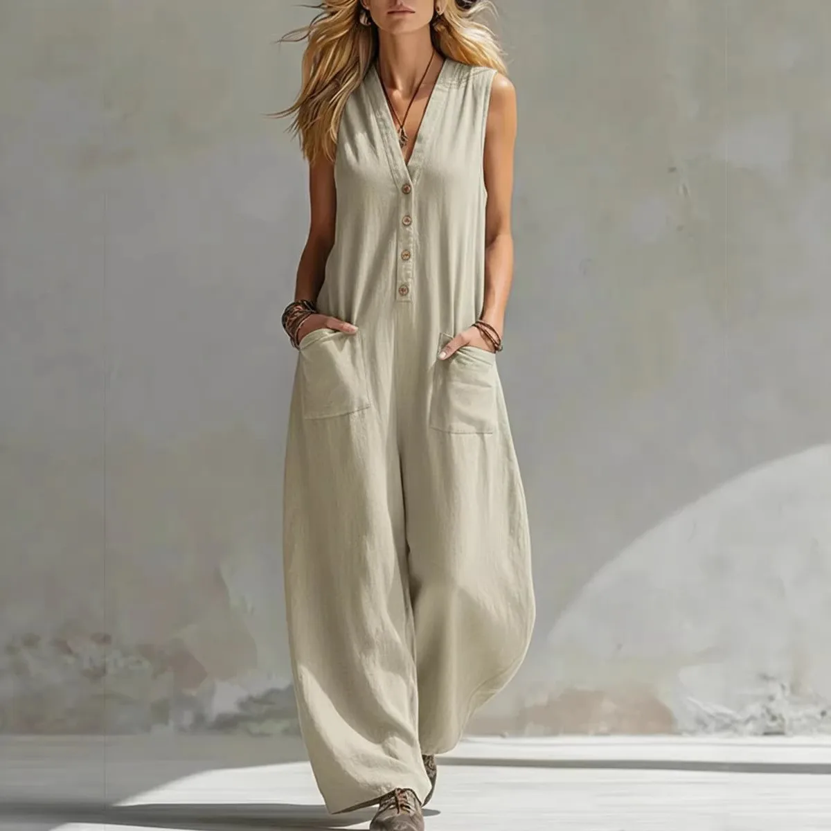 Women's Jumpsuit Wide Leg Knit Romper V Neck Button Front Overalls Light Blue Loose Fit Maxi Length Long Pants Boho Sleeveless