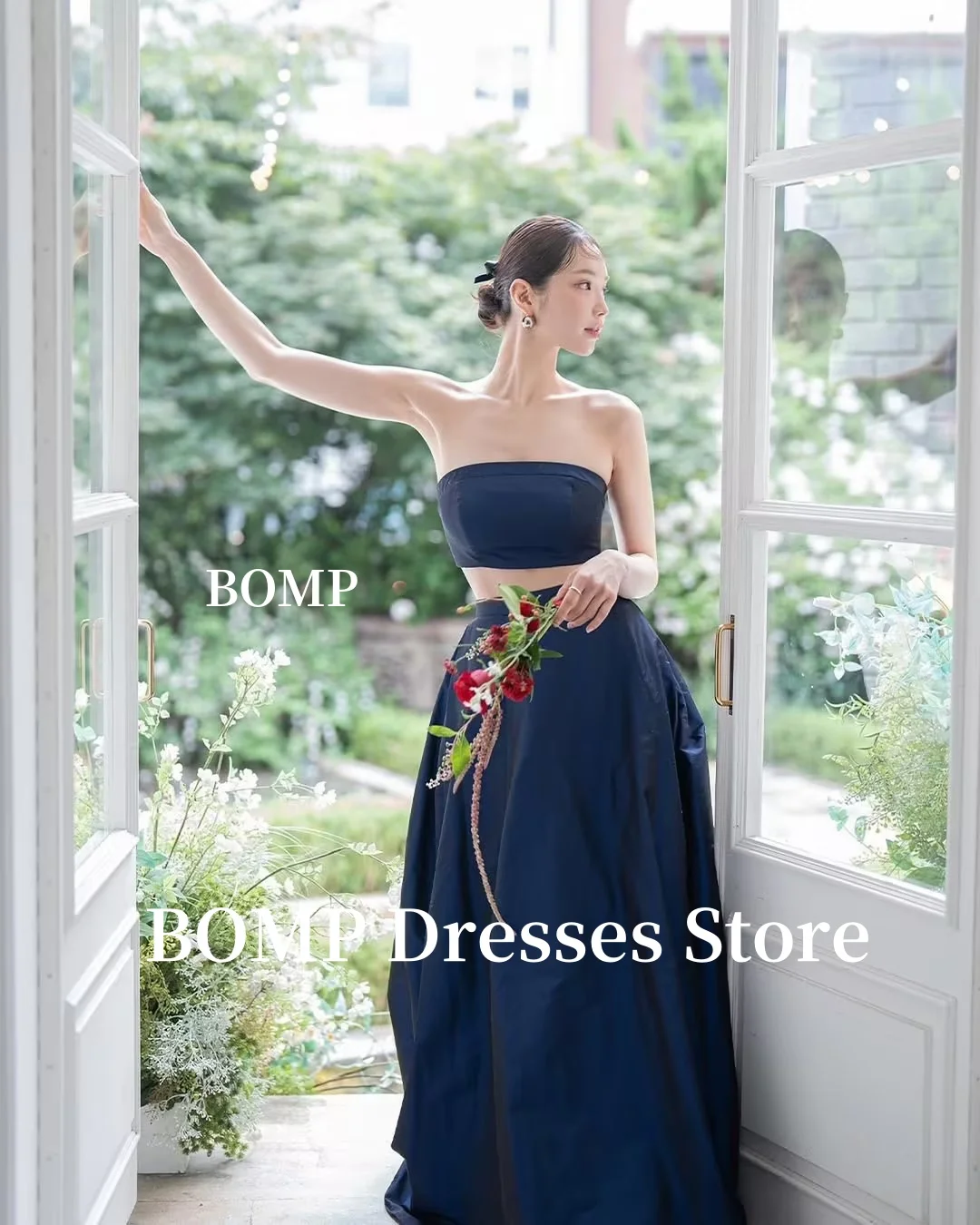 BOMP Вечерние платья из 2 предметов Темно-синее корейское свадебное платье без бретелек для фотосессии на заказ 웨딩드레스