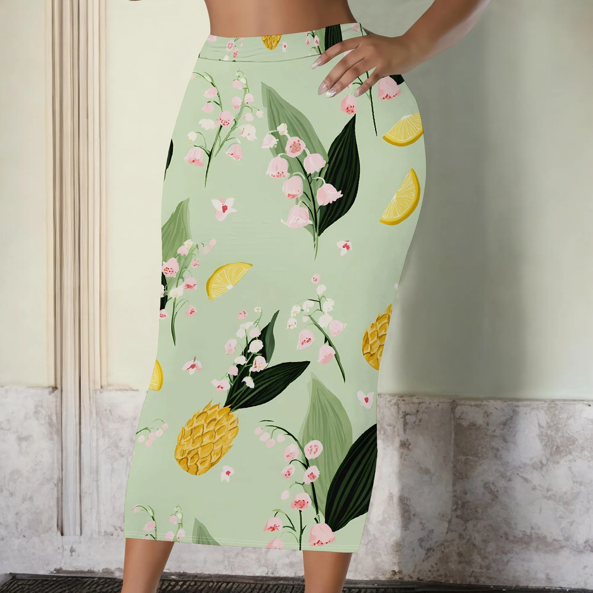 Floral Print Skirt, Tropical Fruit Pattern, Lemon Pineapple Design, Green Leafy Motif, Women's Pencil Midi Skirt, S-2XL