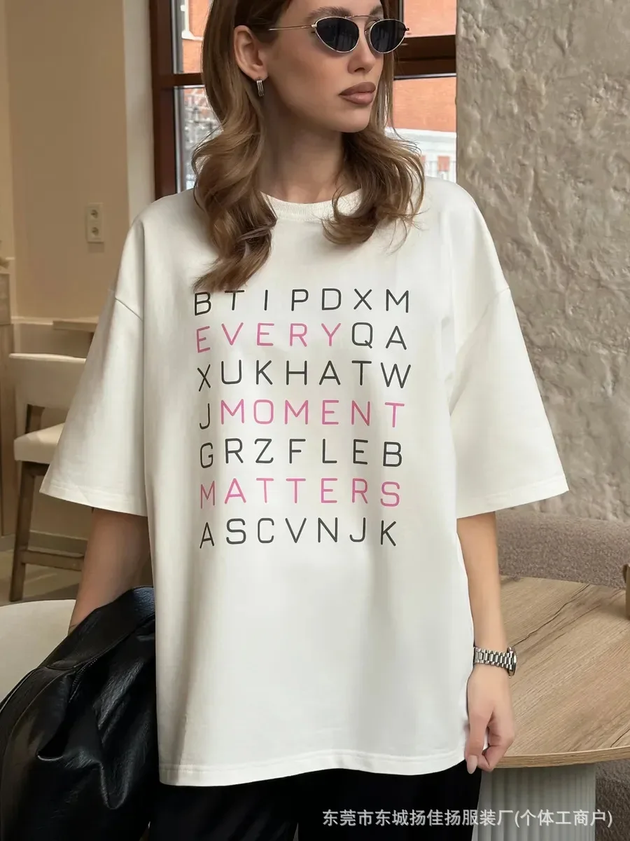 chic Minimal Trendy Aesthetic Women Cotton T‑Shirt Every Moment Matters Puzzle‑Style Loose Crew Neck Short Sleeve Streetwear Top