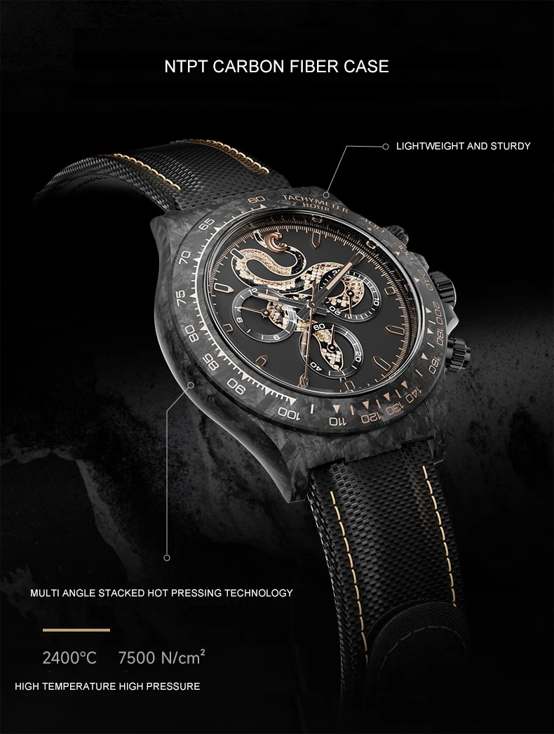 CRONUSART Men นาฬิกาโครโนกราฟคาร์บอนไฟเบอร์ 40 มม.นาฬิกาข้อมือกลไกอัตโนมัติ Luminous Canvas สายหนัง Snake Dial
