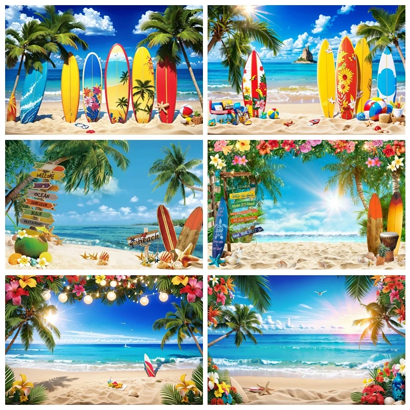 

Summer Hawaiian Tropical Beach Backdrop Aloha Luau Flamingo Ocean Surfboard Wedding Birthday Party Photography Background Decor