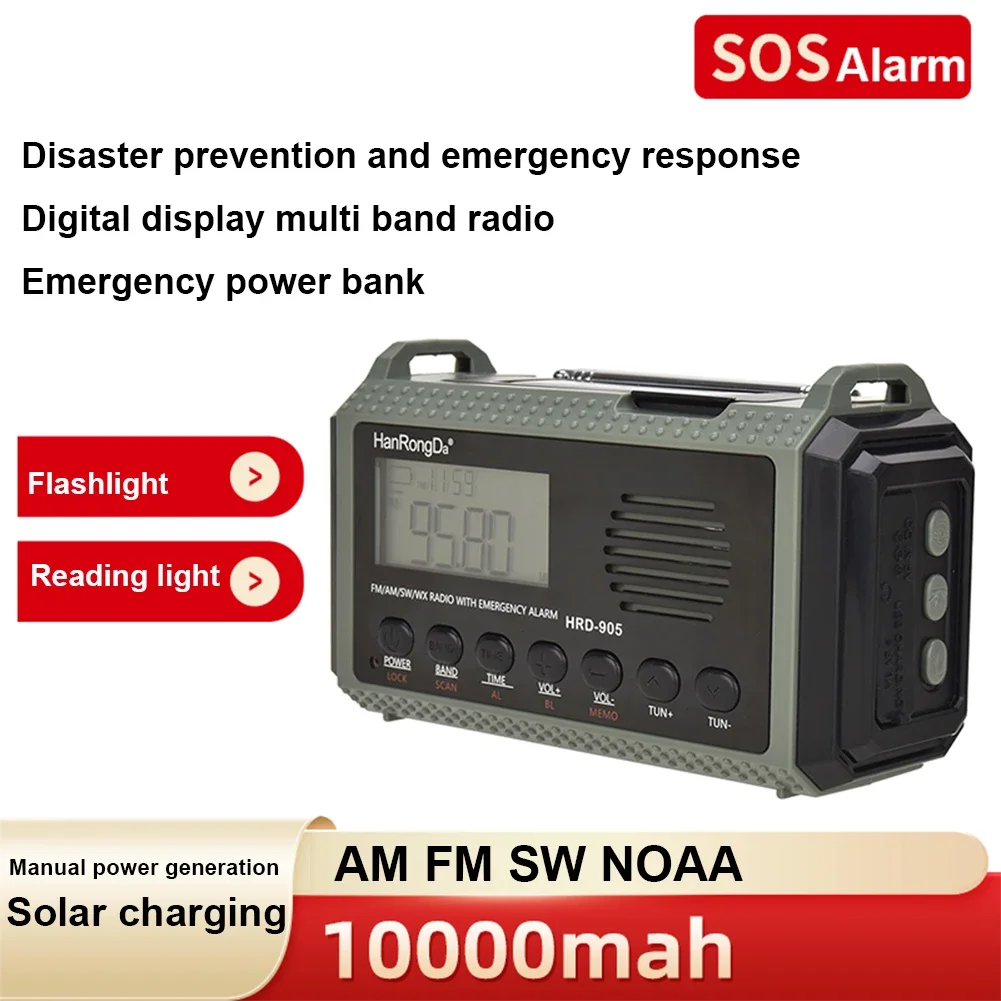 

Multifunction Radio SOS Alarm Solar Hand Crank AM FM SW NOAA Weather Radio 3.5mm Headphone Jack 10000MAh Power Bank for Survival