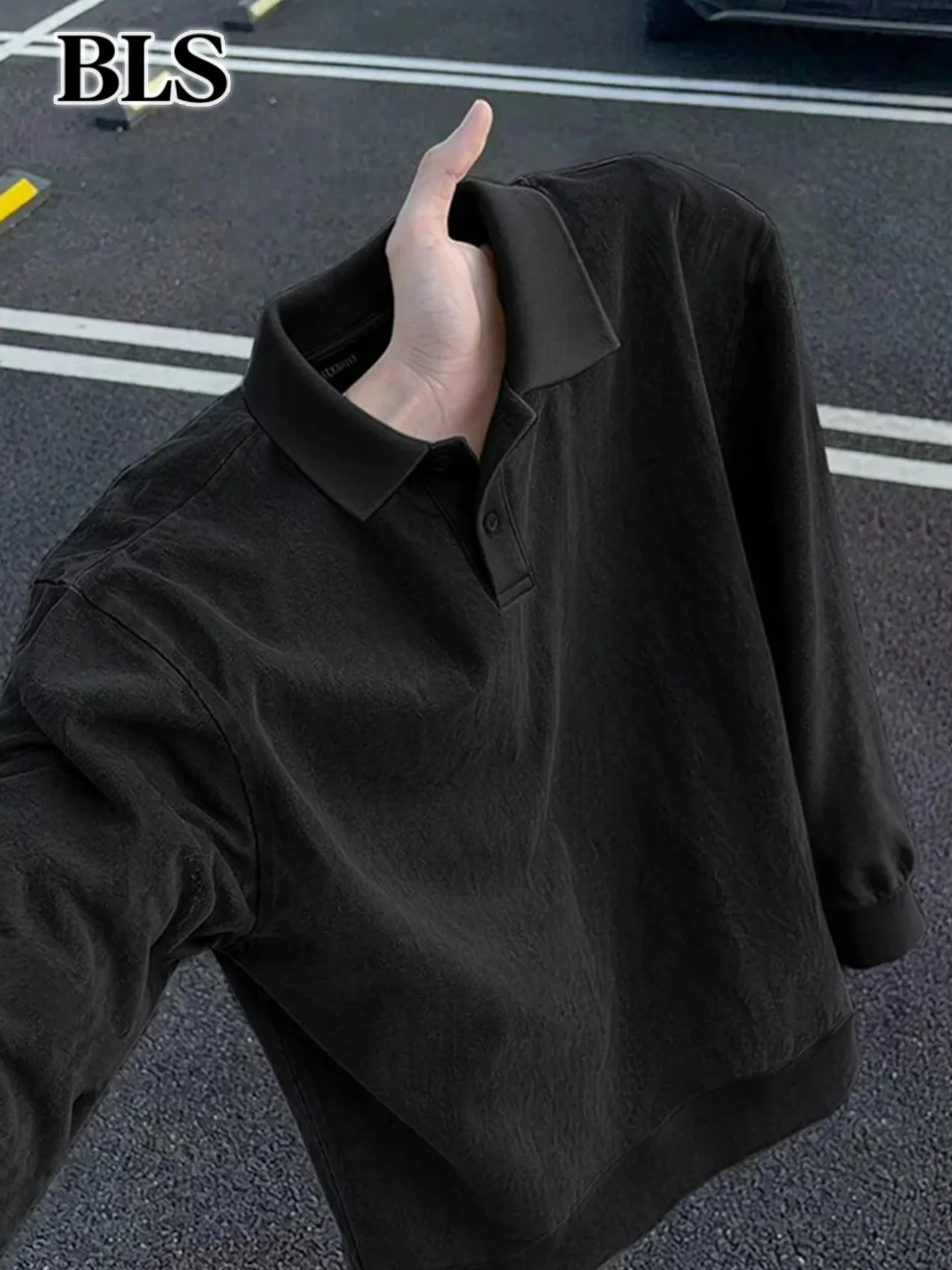 Camiseta de Manga Longa Preta de Alta Qualidade para Homens, Estilo Casual Solto e Versátil para Outono e Inverno