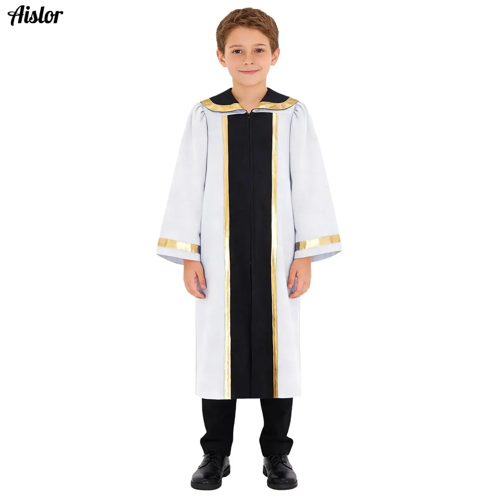 Kids Church Choir Worship Praise Dance Robe Boys Girls Long Sleeve Metallic Gown Christian Pastor Priest Halloween Costume
