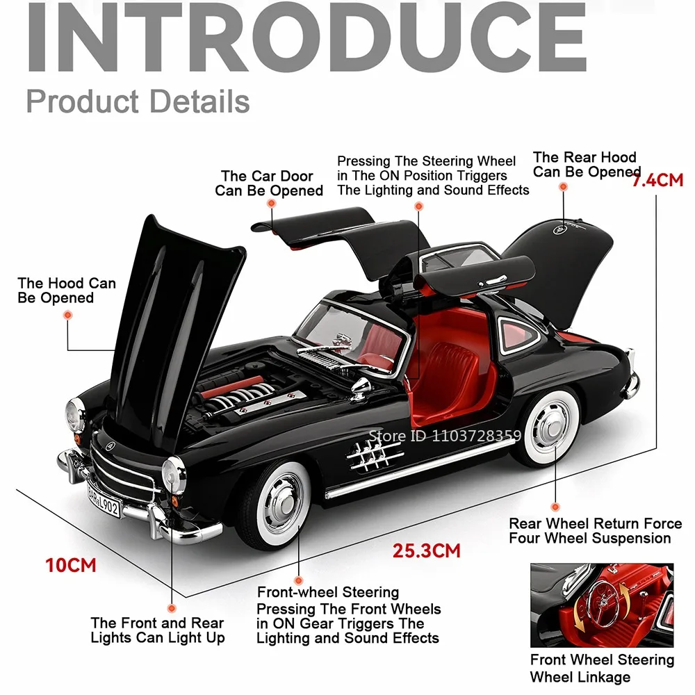Modèle de jouet de grande taille 1:18 300SL 500K, voiture Vintage en alliage moulé sous pression, son et lumière, porte ouverte, modèles d'ornement pour enfants et adultes