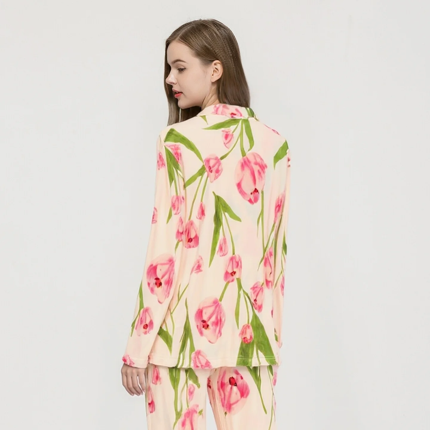 BirdTree, 25% Silk 75% Viscose Pajamas Set, Full Sleeve, Women Printed Lapel Homewear Casual Clothes, 2026 Spring New P64133JF