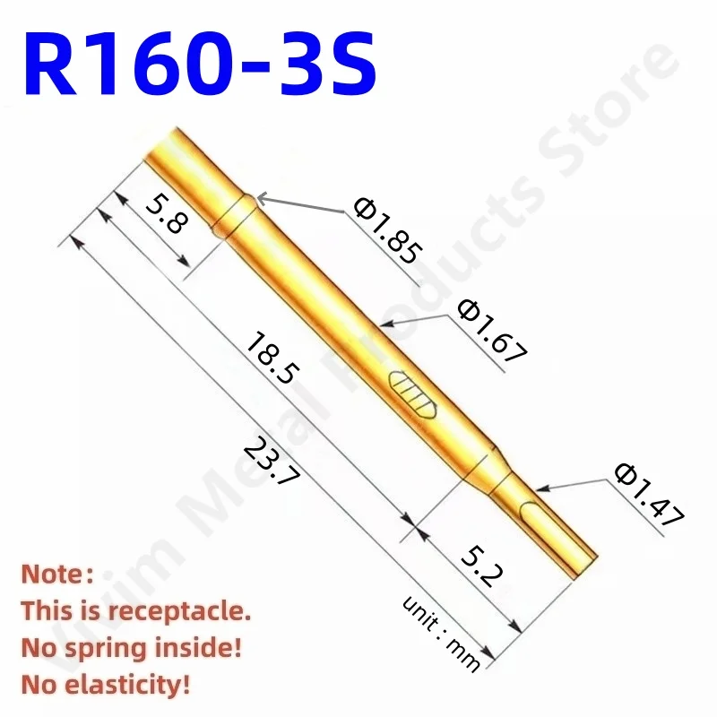 Latão Tubo Receptáculo Teste Pin, Agulha Manga Assento, Solda Conectar Sonda Manga, 23,7 milímetros de diâmetro exterior, 1,67 milímetros, R160-3S, P160-B1, 100Pcs