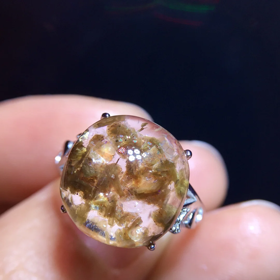 

Natural Gold Rutilated Quartz Adjustable Ring Women Men 925 Silver 13.4/13mm Rutilated Beads AAAAAA