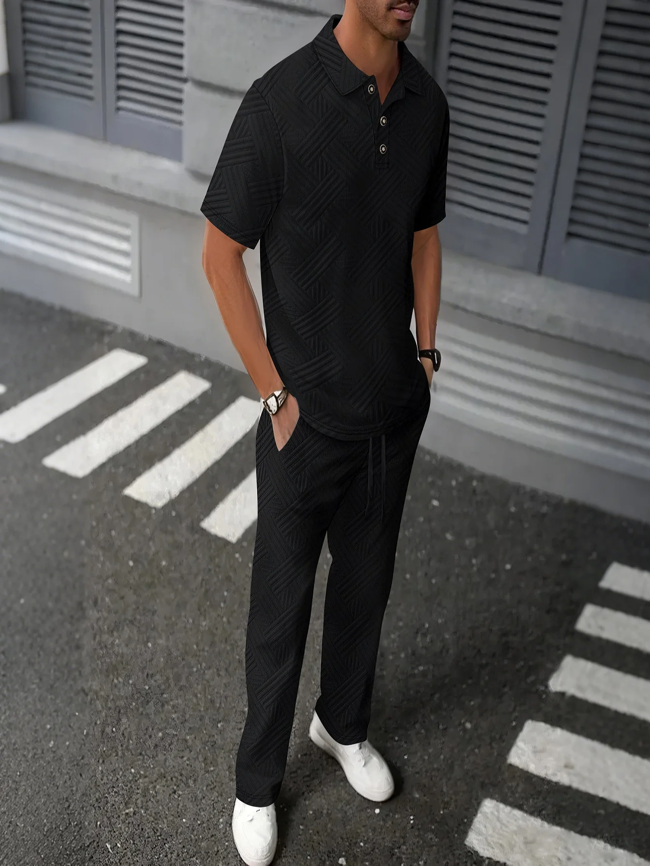 Summer Men's Casual Two Piece Set Short Sleeve Polo Shirt + Drawstring Trousers Streetwear Suit