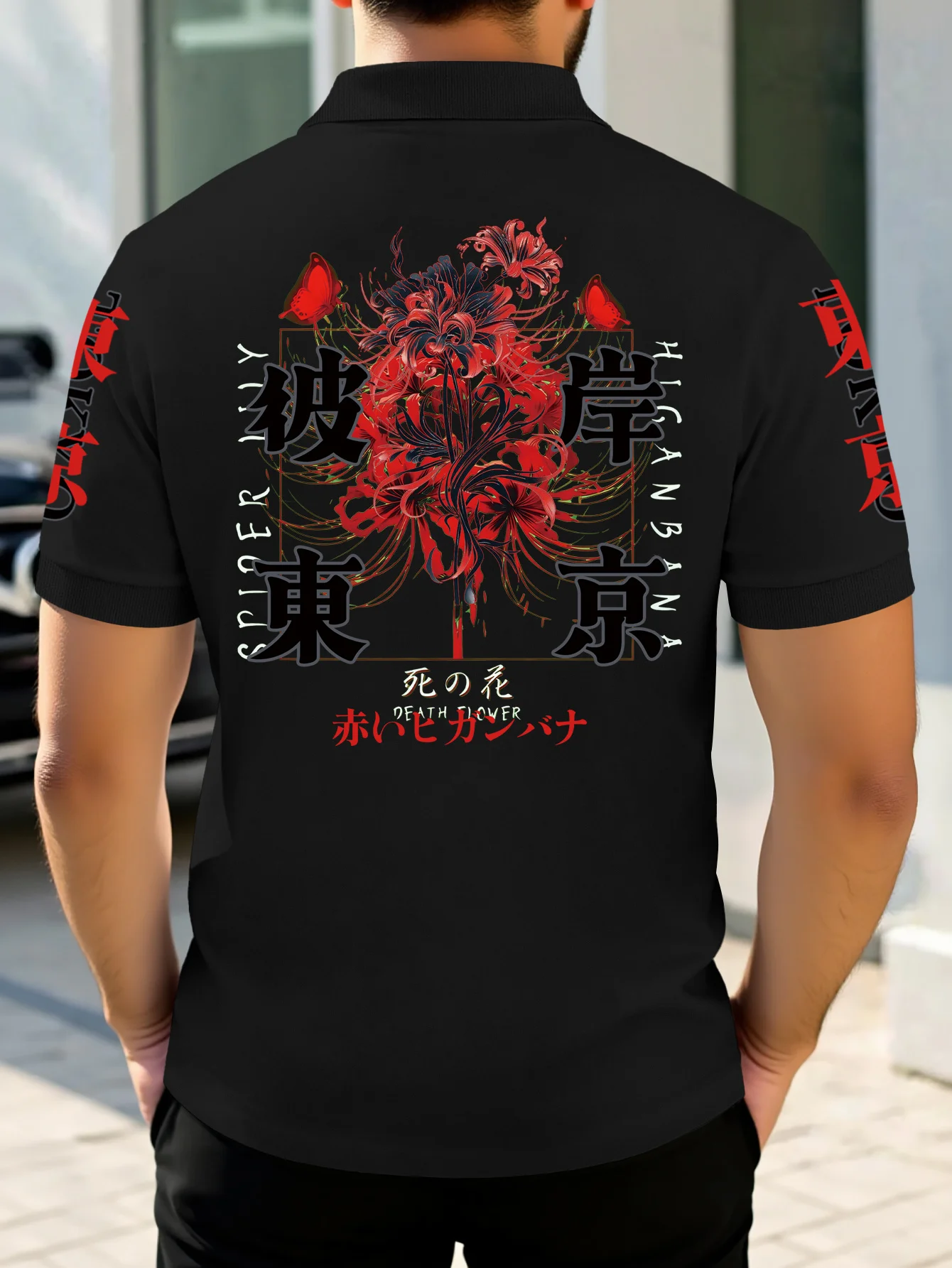 Men's Dark Romantic Style Red Rose Letter Streetwear Gothic Punk Polo Shirt Y2K T-Shirt Summer Wear Classic Lapel Short Sleeve