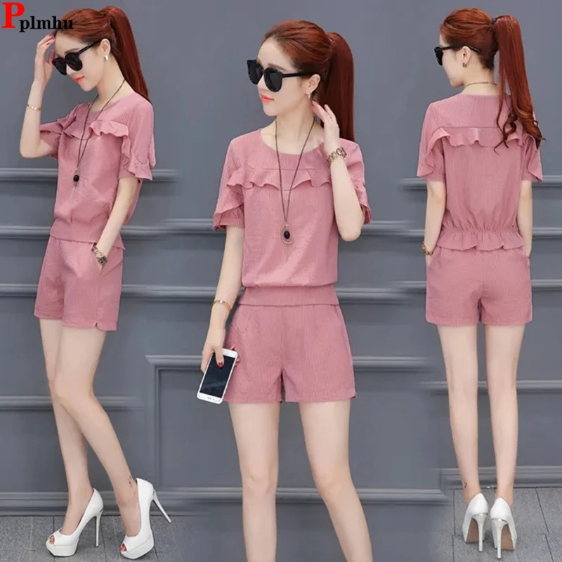 Summer Slim Two Piece Sets Thin Tshirt Tops Conjuntos High Waist Baggy Shorts Suits Korean Casual Ensemble New Ruched Outfit