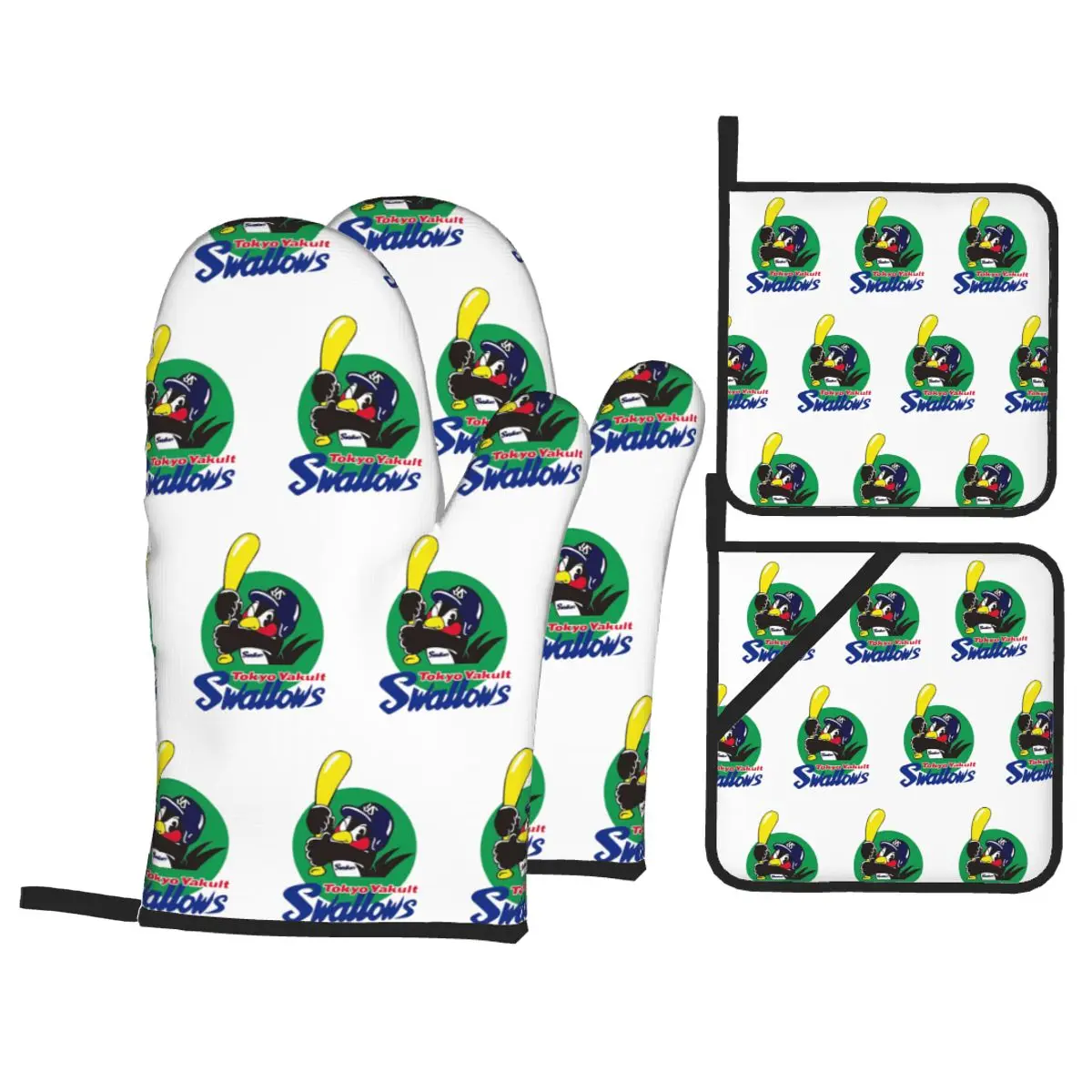 Tokyo Yakult Swallows Oven Mitts and Pot Holder Sets of 4 for Baking Kitchen Cooking Grilling Resistant Non-Slip Gloves