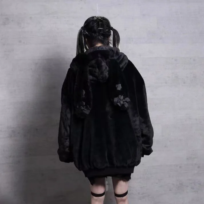 Black Gothic Harajuku Fashion Faux Fur Coat 2025 Autumn Winter New Punk Dark Girl Long Sleeve Loose Hooded Thickened Jacket