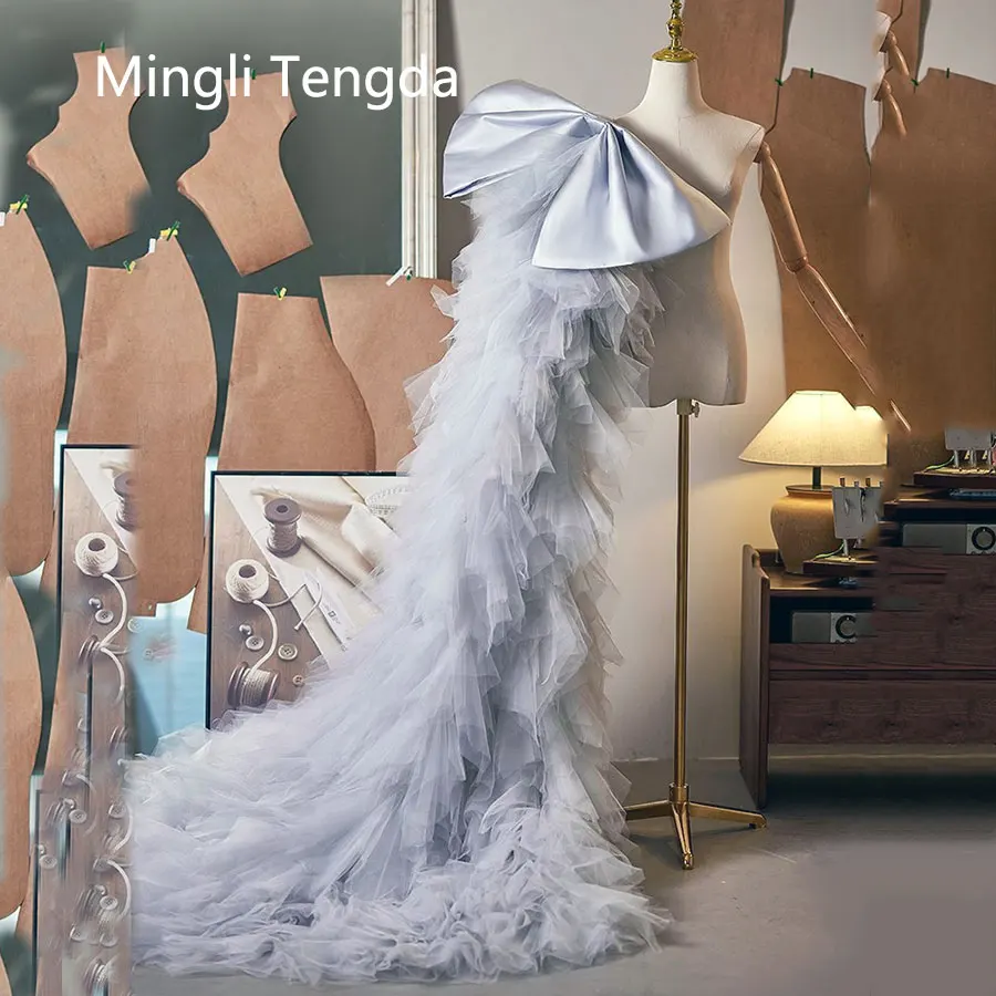 Mingli Tengda Silver Tulle Overskirt Detachable Train Mesh Removable Skirt Women Custom Made Petticoat with Bow Underskirt