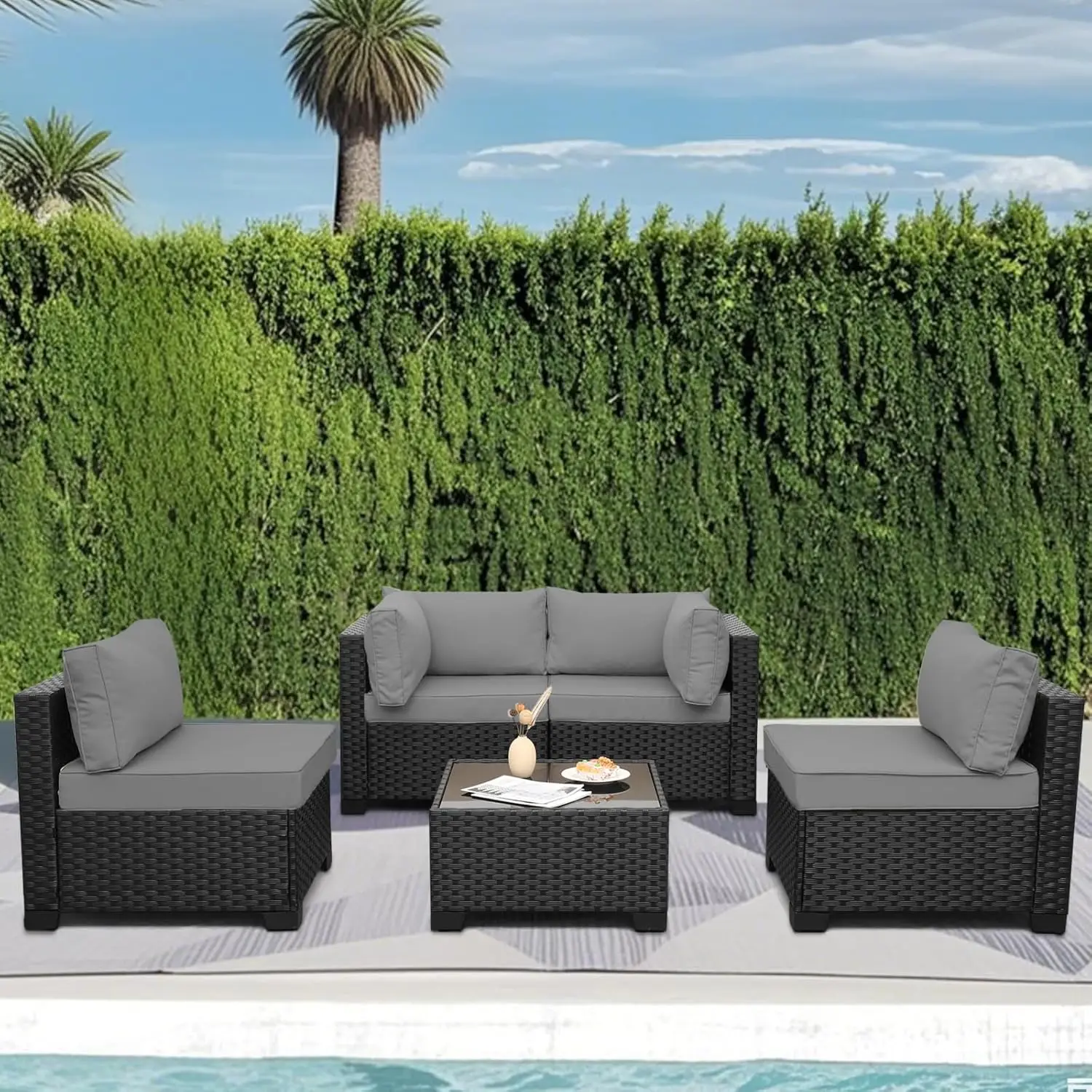Outdoor 5 Piece Patio Furniture Set, Rattan Conversation Couch Resin Wicker Sectional Sofa Outside Chair, Customized