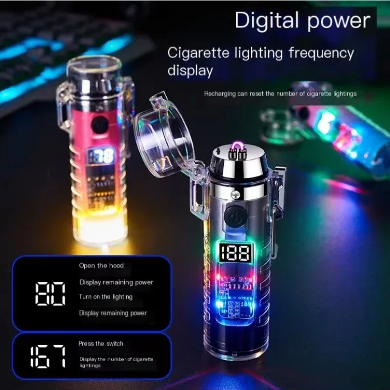 Transparent Shell Dual Arc USB Lighter Outdoor Waterproof LED Colorful Light Power Display Illumination Electric Lighters Smoke