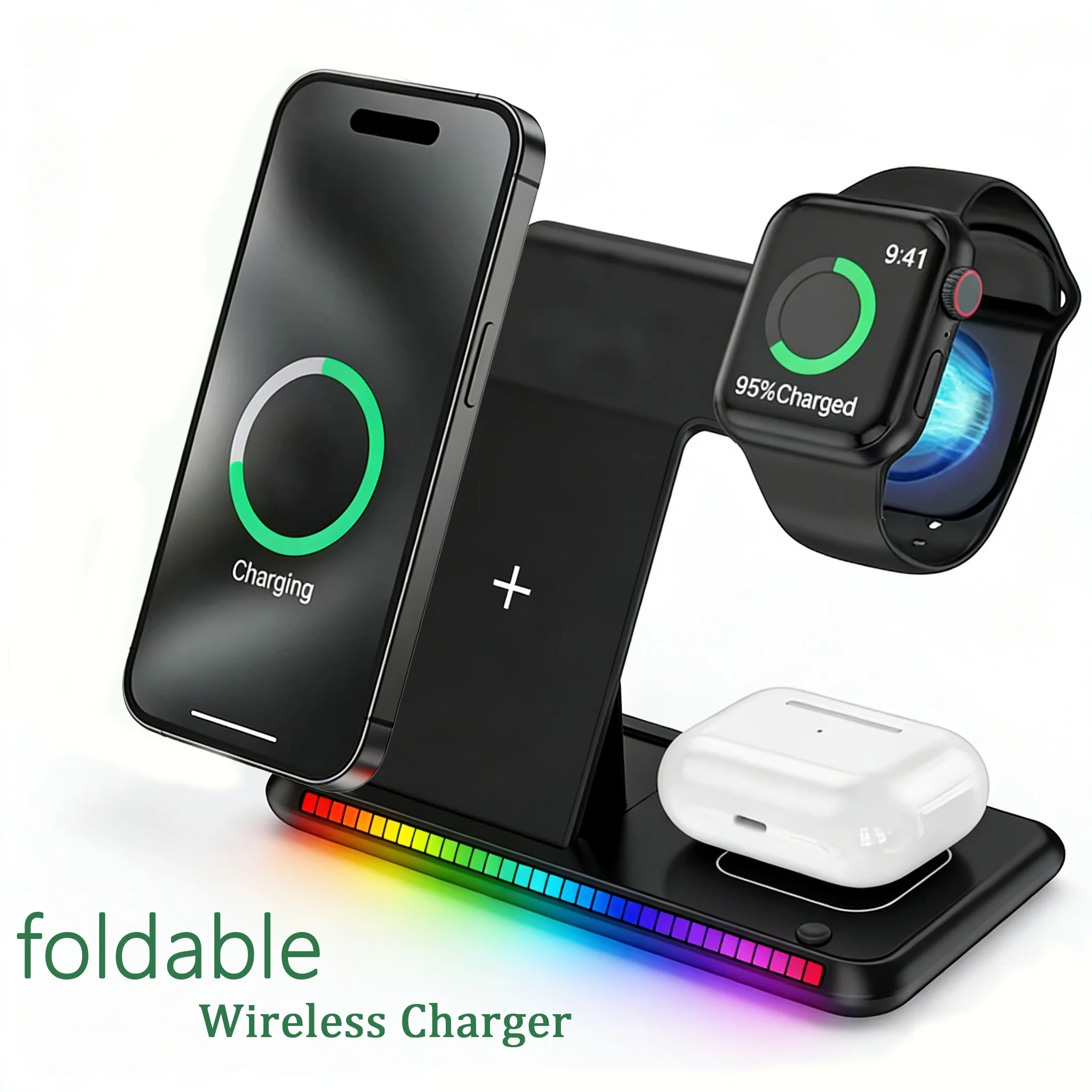 

Беспроводная зарядная станция 3-в-1 мощностью 30 Вт с быстрой зарядкой, складная подставка для iPhone 17-12, Apple Watch 9 8 7 6 5, Airpods Pro