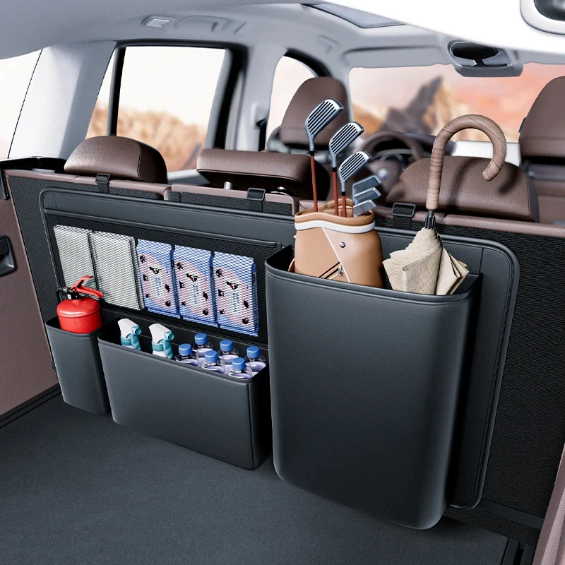 

Car Trunk Organizer Storage Bag Leather SUV Rear Seat Back Hanging Tools Firefighter Cup Pocket Umbrella Holder Accessories