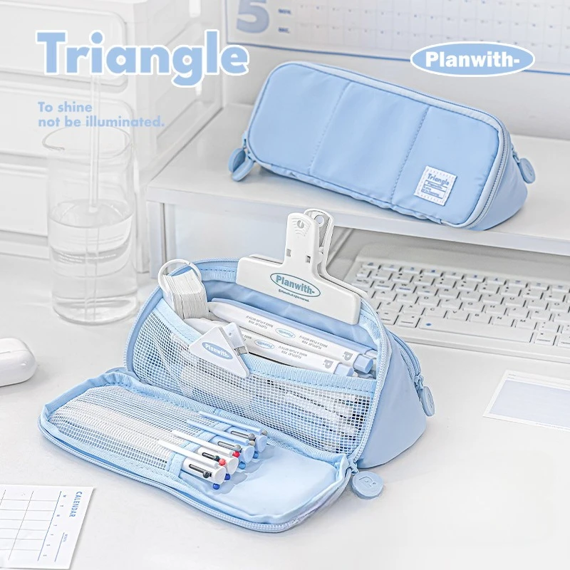 Simplicity Triangle Pencil Case for Kid Girl Boy Casual Korean Fashion Solid Color Stationery Storage Bag Portable Pen Organizer
