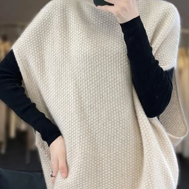 Vintage Autumn Winter Women Sweater Vest Solid New Thicken Turtleneck Batwing Sleeve Fashion Loose Sleeveless Knitted Coat Tops