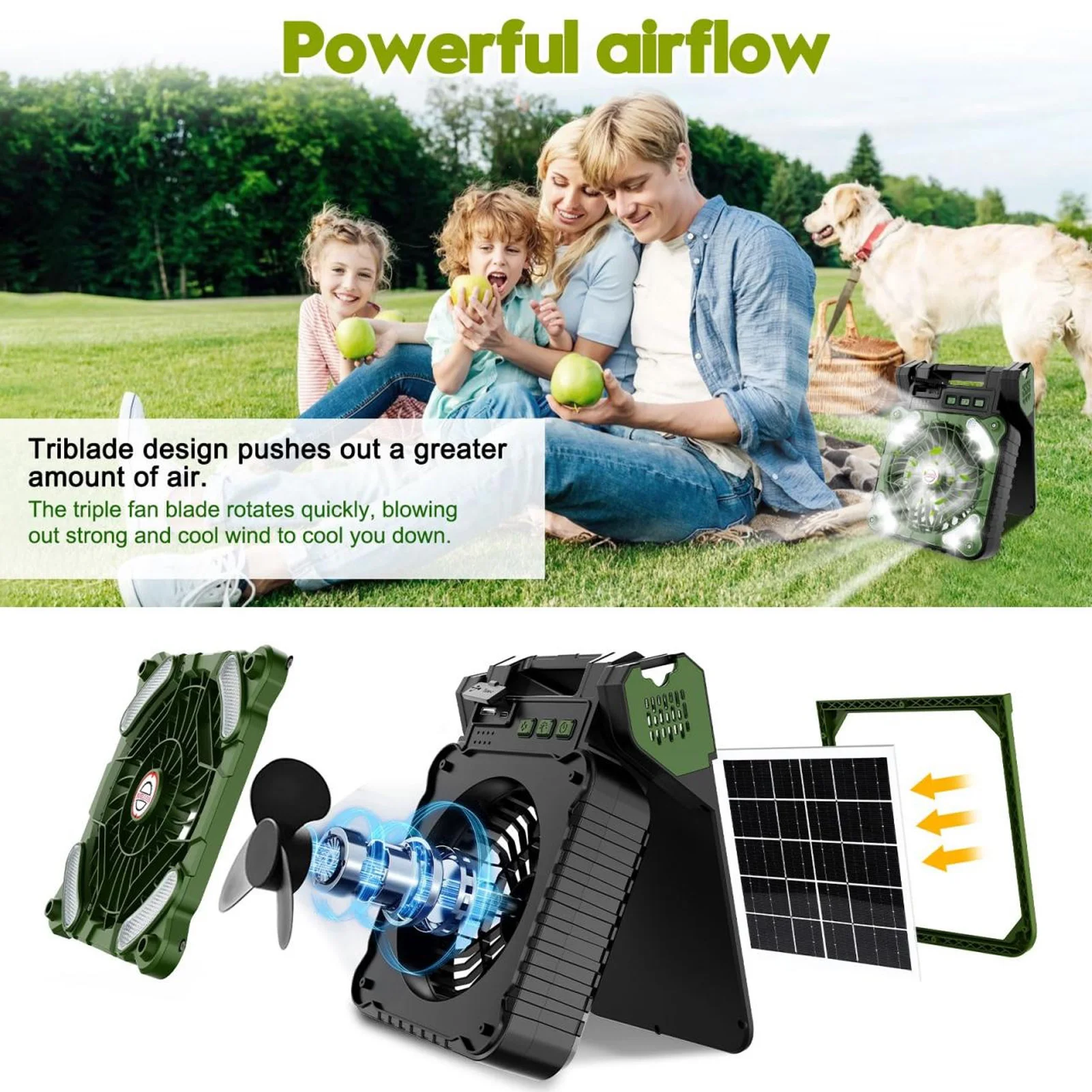 مروحة التخييم بالطاقة الشمسية من النوع C شحن محرك بدون فرشاة LED تعمل بالطاقة الشمسية مؤقت مروحة منخفض الضوضاء 4.5 متر/الثانية للأنشطة الخارجية