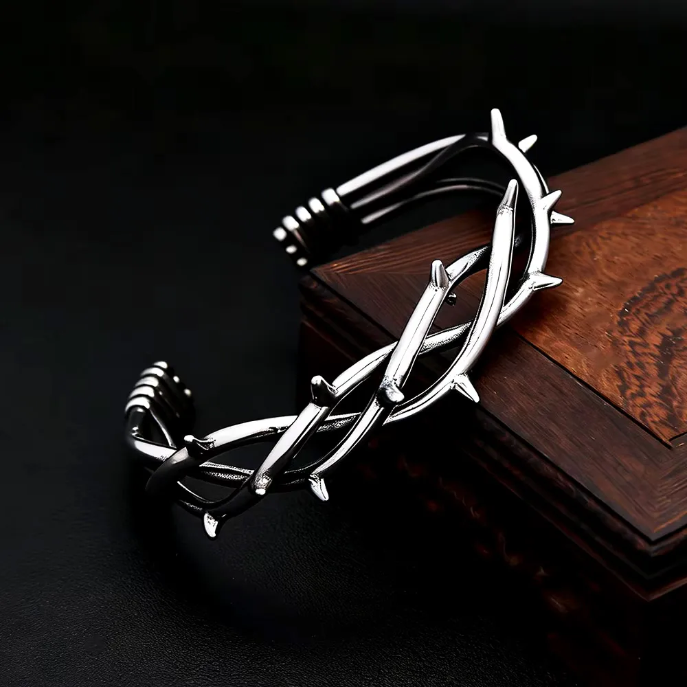 Stainless Steel Crown of Thorns Twisted Open Cuff Vintage Religious Jesus Thorn Bangle Mens Gothic Casual Holiday Jewelry Gift
