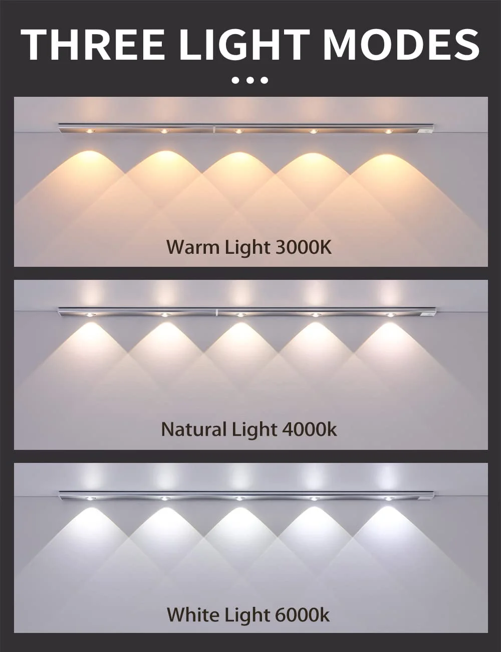 Ultra-Thin Smart LED Human Body Induction Light Rechargeable, 3 Color Adjustable  for Closet Kitchen Cupboard Silver 60CM