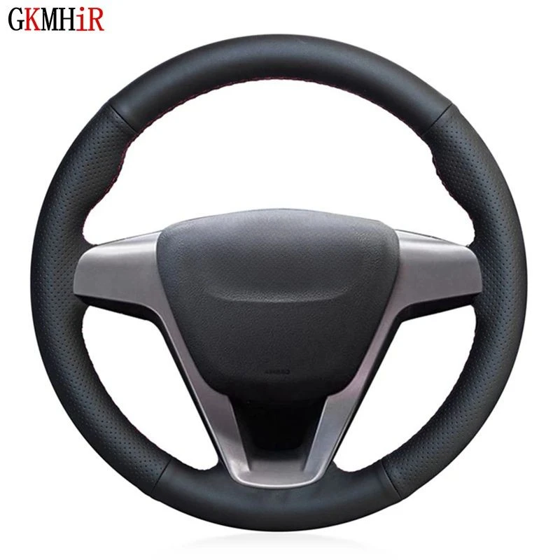 Hand-stitched Black Real cowhide Leather Car Steering Wheel Cover For Lada Xray 2015-2019 Vesta 2015 2016 2017 2018 2019