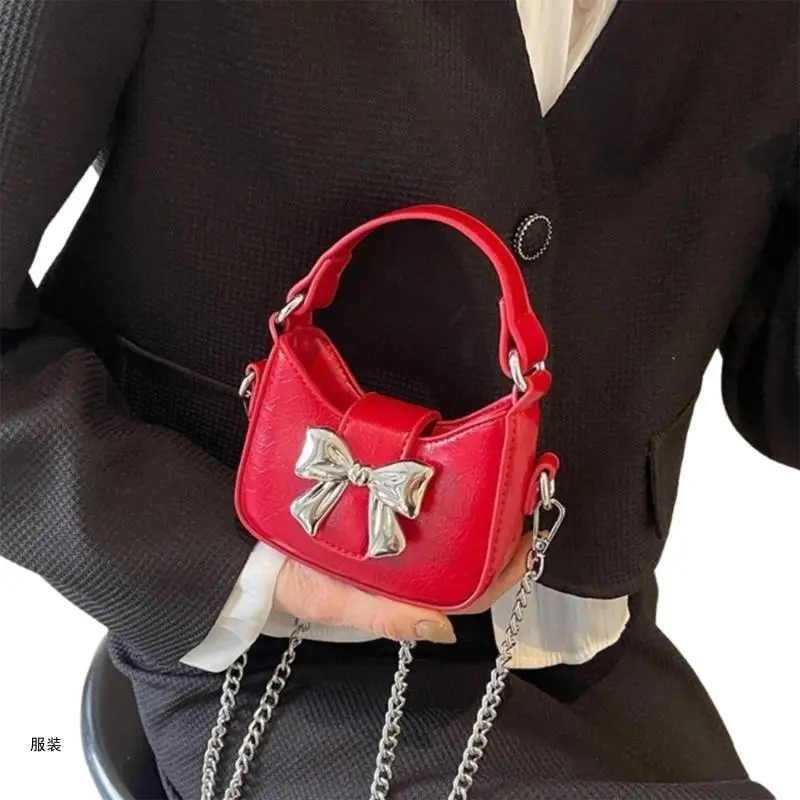 D0UD Women Bowknot Shoulder Bag Chain Strap Crossbody Bag PU Leather Bag