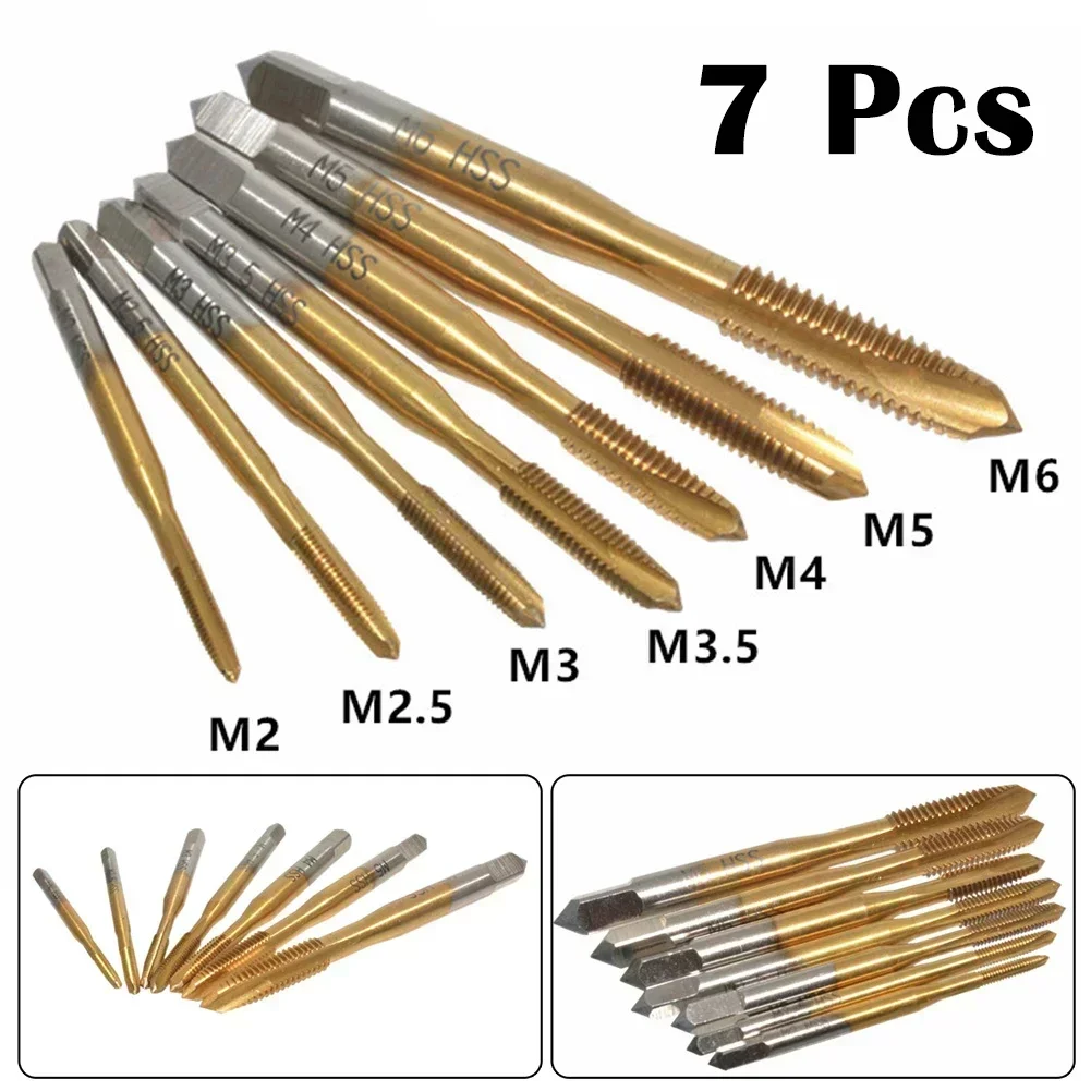 

7PCS Titanium Coated Thread Tap Drill Metric HSS6542 Spiral Fluted Screw Tap M2/M2.5/M3/M3.5/M4./M5/M6 Hand Tool Accessories