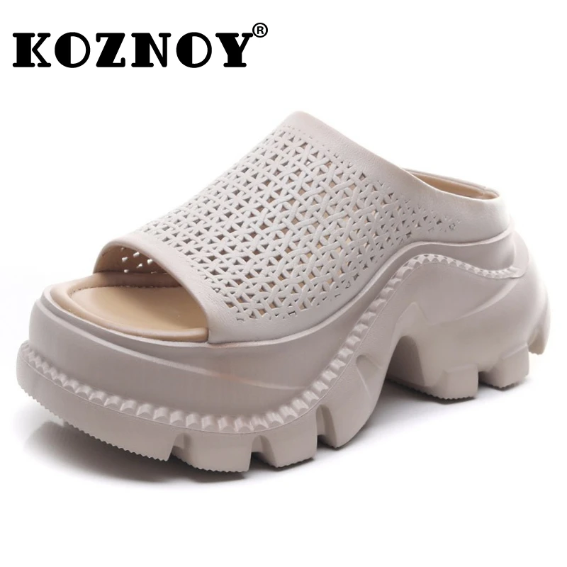 

Koznoy 6.5cm 2025 Cow Genuine Leather Hook Hollow Mary Jane Sandals Summer Slippers Pumps Shoes Flats Platform Wedge Women