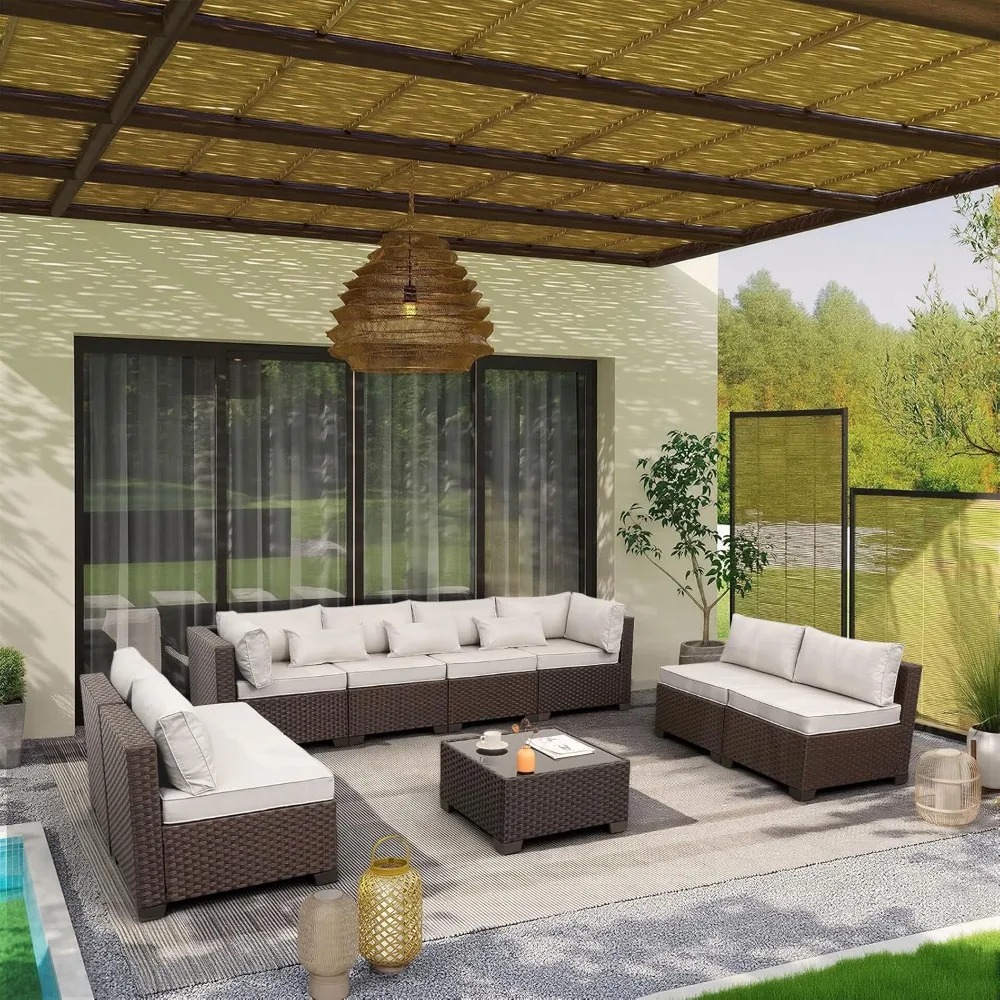9 Pieces Outdoor Sectional All-Weather HDPE Brown Wicker Patio Furniture Set Patio Sectional Glass Patio Table, Customized