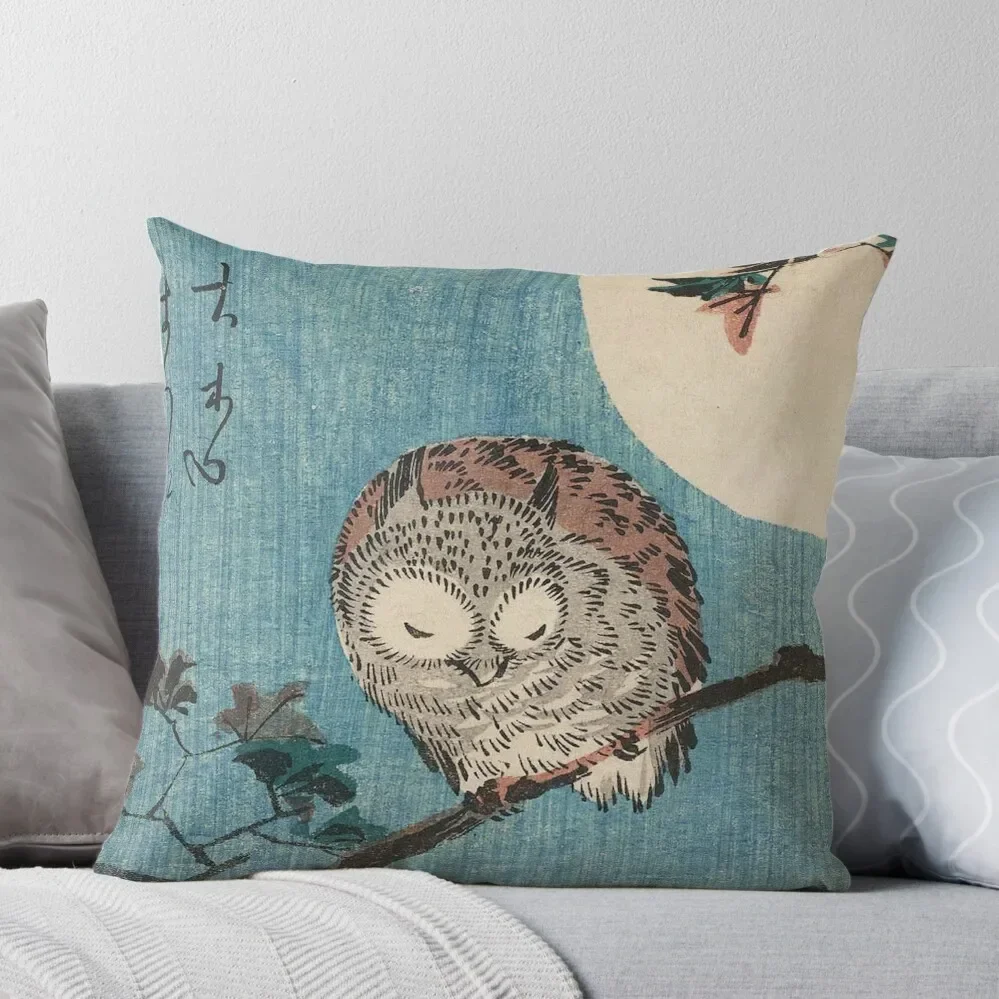 HD Small Horned Owl on Maple Branch under Full Moon, by Utagawa Hiroshige HIGH DEFINITION Throw Pillow