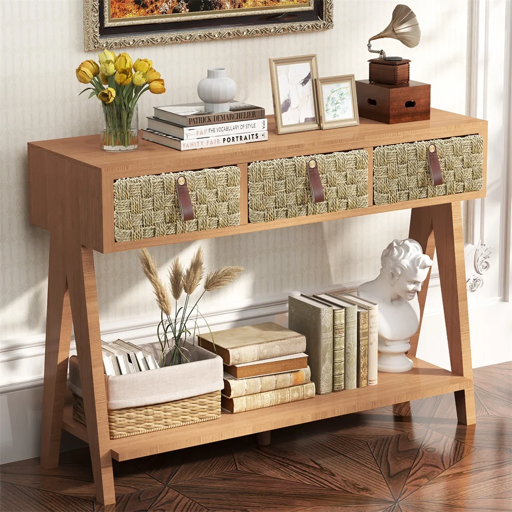 

Modern Console Table With 3 Drawers Wood Entryway Table With Open Storage Shelf Multi-Functional Sofa Table Behind Couch