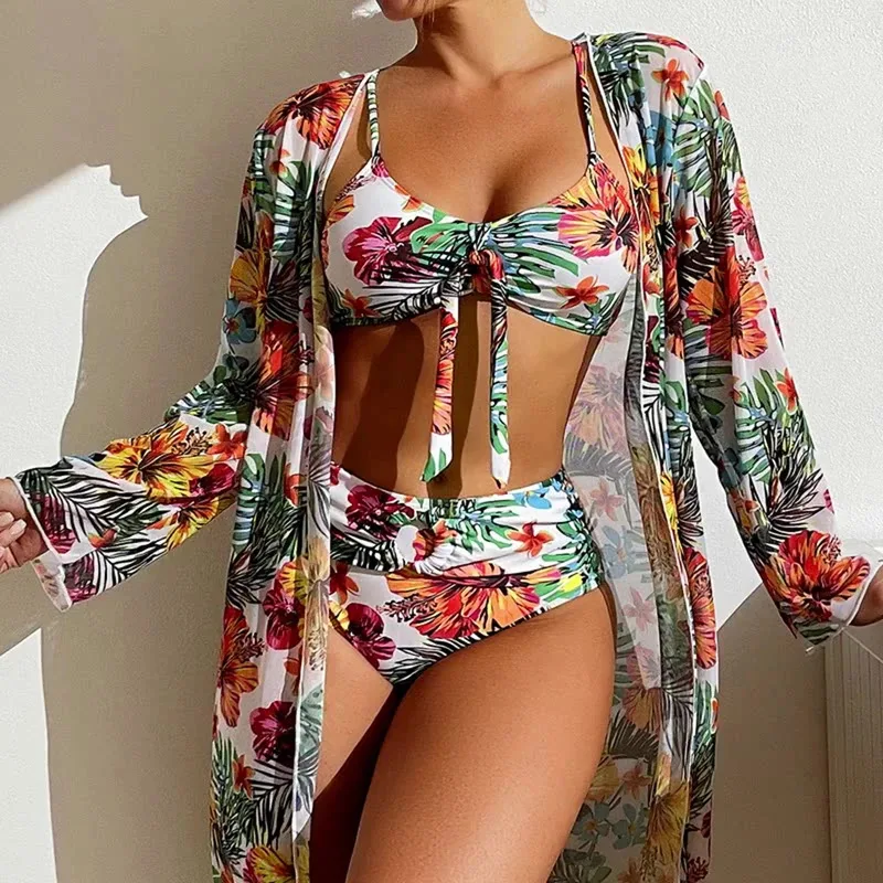 

Sexy High Waisted Bikini 3 Pieces Floral Printed Swimsuit Size 3XL-S Women Bikini Set With Mesh Long-Sleeved Blouse Super Sales