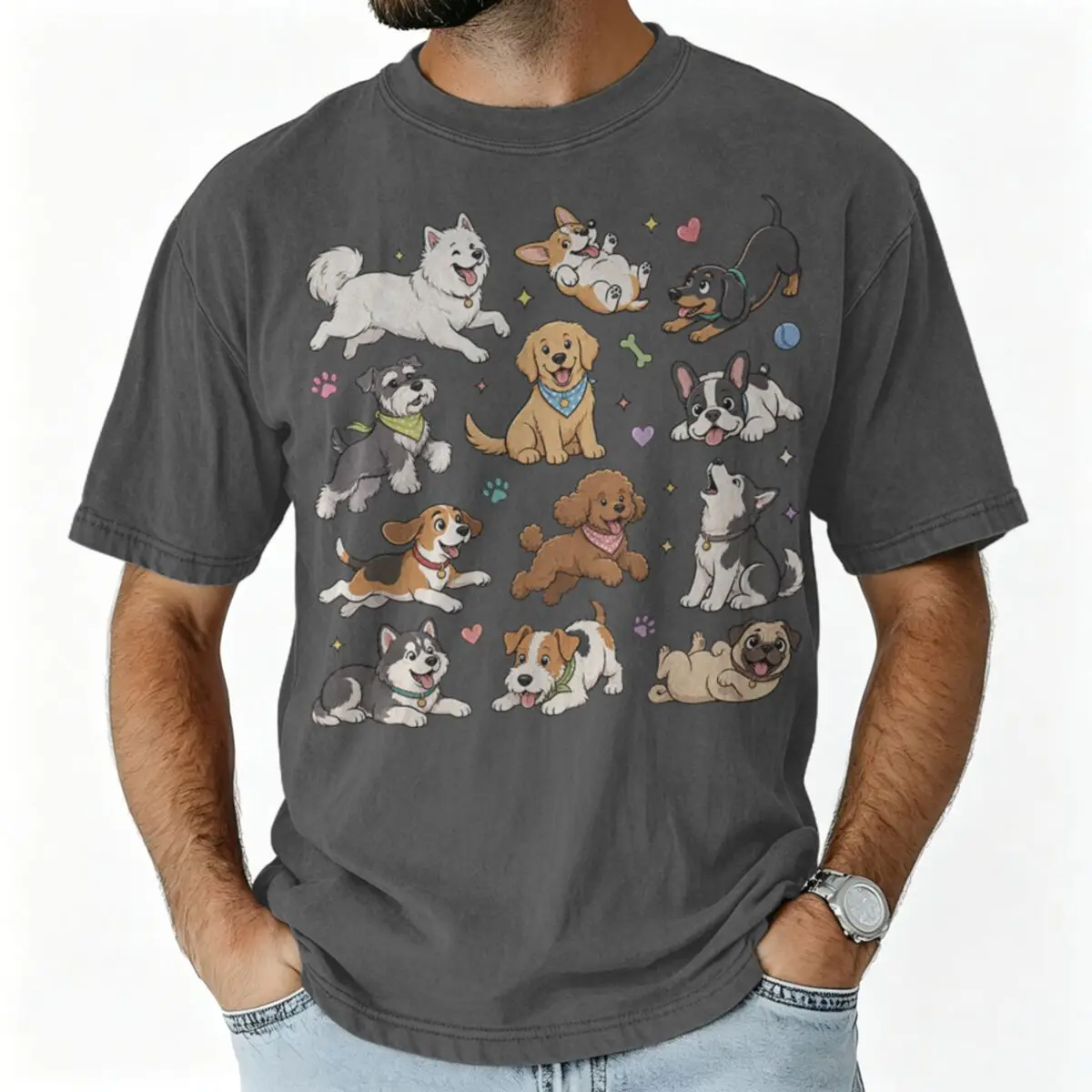 Anime Dog Print Washed T Shirts Men Women Cotton Tee Shirt Fashion Corgi Schnauzer Teddy Dachshund Hip Hop Short Sleeve T-shirt