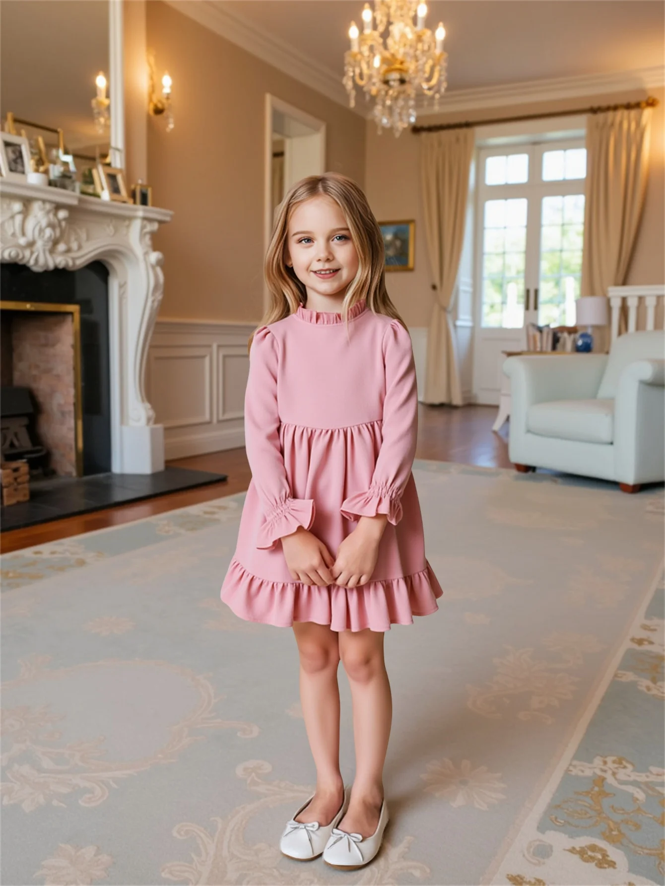 Girls' Casual Romantic Round Neck Bubble Long Sleeve Invisible Zipper Dress Single Piece Autumn Fashion Ladies' Dress